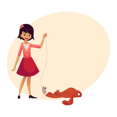 Full length portrait of black haired girl playing with her cat using toy mouse, cartoon vector illustration on background with place for text.