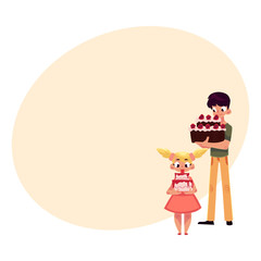 Two kids, boy and girl, holding birthday cakes, getting ready for party, cartoon vector illustration with place for text. Little girl and teenage boy, sister and brother with birthday cakes