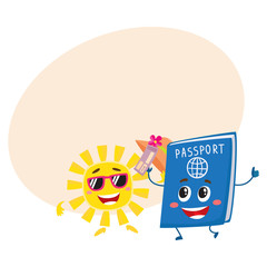 Summer sun and traveler passport characters, holiday, vacation concept, cartoon vector illustration with place for text. Smiling sun and happy passport funny characters, mascots