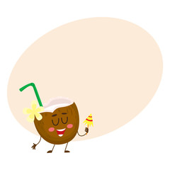 Exotic cocktail in coconut, funny character, summer vacation concept, cartoon vector illustration with place for text.