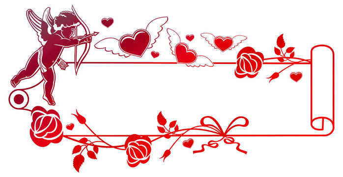 Color gradient frame with Cupid, roses and hearts. Copy space. Raster clip art.
