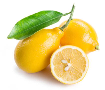 Ripe lemon fruits on the white background.