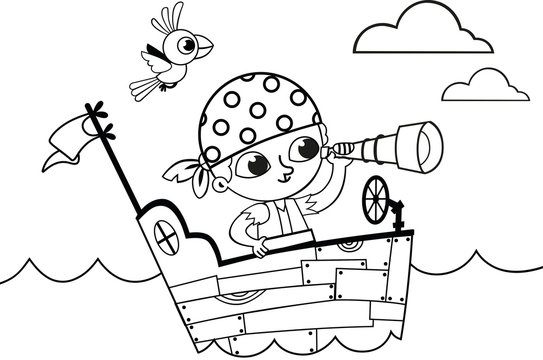 Black and white little pirate for coloring book activity. (Vector illustration)