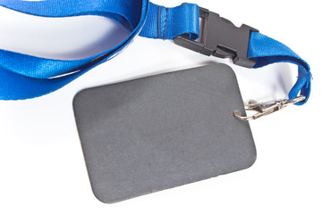 Blank ID card tag with blue ribbon  on white