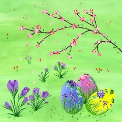Easter background, greeting card, spring landscape, fabulous. Easter painted eggs. Figure painting, artist, illustration.