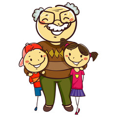 Vector Illustration of Stick Kids with Grandpa