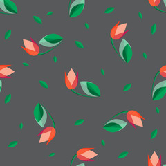 Spring seasonal seamless background of vector tulips and green petals.