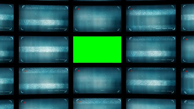 Animated distorted curved video wall with green screen. 3D rendering 4K
