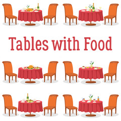 Set of Cartoon Festive Tables with Food, Holiday Thanksgiving Roasted Turkey, Bottle of Champagne Wine, Ice Cream and Other Dishes, Isolated on White Background. Eps10 Contains Transparencies. Vector