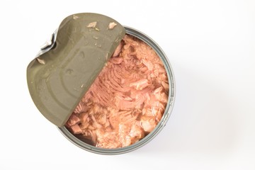 canned tuna isolated on white / Canned soy free albacore white meat tuna packed in water / open tuna tin on a white background / tuna fish isolated on white 