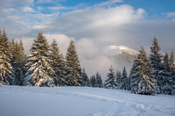 Evening before snowfall in the winter mountains