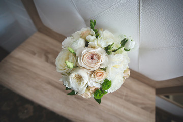 Beautiful wedding colorful bouquet for bride. Beauty of colored flowers. Close-up bunch of florets. Bridal accessories. Female decoration for girl. Details for marriage and for married couple