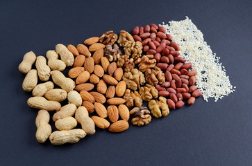Assorted mixed nuts, peanuts, almonds, walnuts and sesame seeds.  Black background

