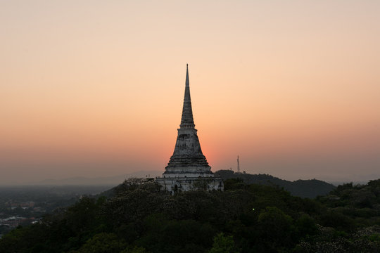 Pagoda in Kao wang temple at Phetchaburi with sunset.