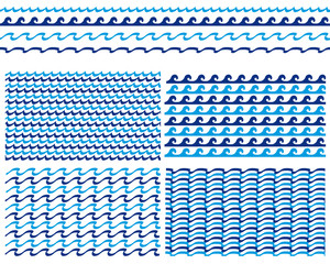 Collection of marine waves and patterns for your sea and ocean design. Vector illustration.