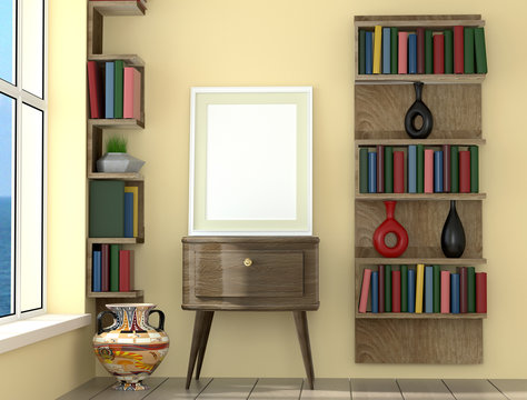 mock up poster layout frame with yellow  wall and books, interior background, 3D