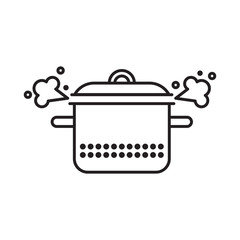 Saucepan with a cover and a steam cloud.