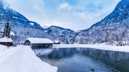 View of Lake Konigssee with mountain scenery in winter, National Park Berchtesgadener Land, Bavaria, Germany.