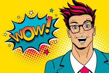Wow pop art male face. Young sexy surprised man in glasses with open mouth and Wow speech bubble with stars. Vector colorful illustration in retro comic style. Party invitation poster. - obrazy, fototapety, plakaty