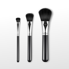 Vector Set of Black Clean Professional Makeup Powder Round Large Medium Small Brush with Black Handle Isolated on White Background