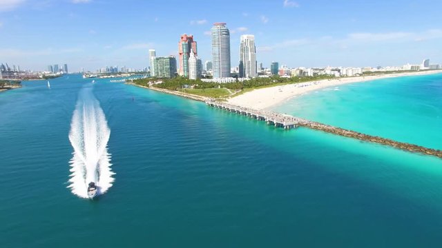 Aerial footage of speed boat at South Beach, Miami