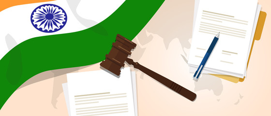 India law constitution legal judgment justice legislation trial concept using flag gavel paper and pen