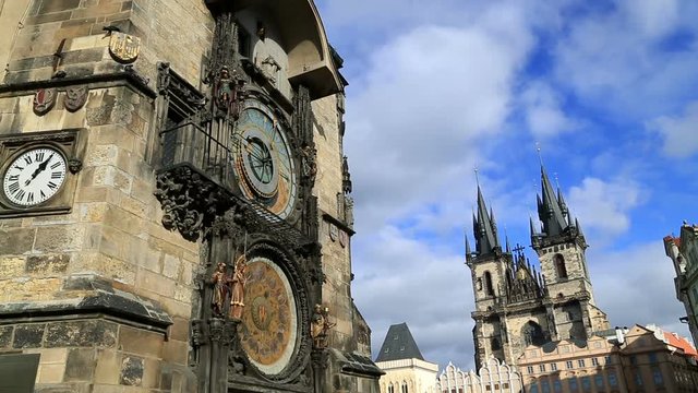 The medieval astronomical clock and Church of Our Lady before Tyn  in the Old Town square in Prague  Czech republic 02 Feb 2017
