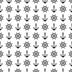 Vector seamless pattern with anchor, steering wheel. Symmetrical background, nautical theme. Graphic illustration. Template for wrapping, backgrounds, fabric, prints, decor, surface Black and white