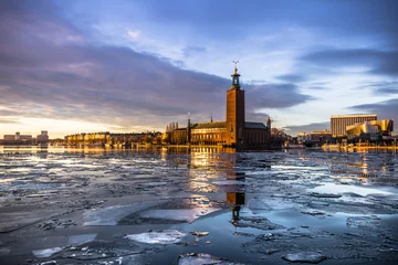 Abwaschbare Fototapete 21. Januar 2017: Panorama des Rathauses von Stockholm durch das Eis, Schweden © rpbmedia