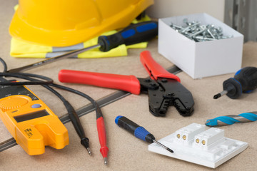 Electrical Gear and Safety Equipment on Cork Shelf