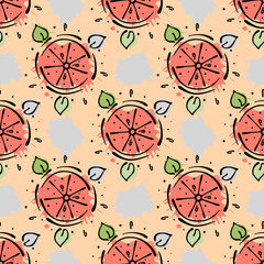 Vector fruits seamless pattern.Fruits with leaves, decorative elements, blots, drops, splash Hand drawn contour lines and strokes Doodle sketch style, graphic vector drawing illustration