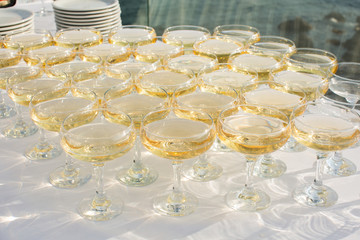 Beautiful hill with champagne at the Banquet for the newlyweds.