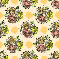 Vector seamless floral pattern with flowers, leaves, decorative elements, splash, blots, drop Hand drawn contour lines and strokes Doodle sketch style, graphic vector drawing illustration