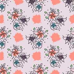 Vector seamless floral pattern with flowers, leaves, decorative elements, splash, blots, drop Hand drawn contour lines and strokes Doodle sketch style, graphic vector drawing illustration