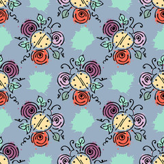 Vector seamless pattern with insect Ladybugs with flowers, leaves, decorative elements, splash, blots, drop Hand drawn contour lines and strokes Doodle style, graphic vector drawing illustration