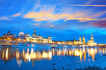 The picturesque view of old Dresden over the river Elbe in evening. Saxony, Germany, Europe.