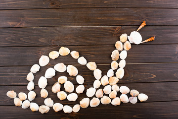 Obraz na płótnie Canvas Beige shells make snail on wooden table