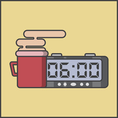 cup with fragrant drink and an alarm clock, the electronic clock, morning tea and coffee,vector image, flat design