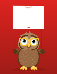 Cute colored owlet in glasses holding a blank poster Blank for your text 