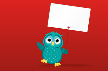 Cute colored owlet holding a blank poster Blank for your text 
