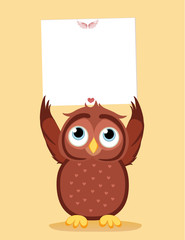 Cute colored owlet holding a blank poster Blank for your text 
