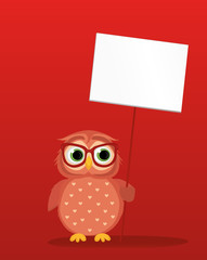 Cute colored owlet in glasses holding a blank poster Blank for your text 