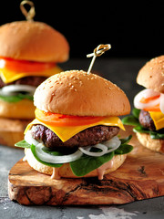 Homemade burgers with pickled onions, tomato and baby spinach.