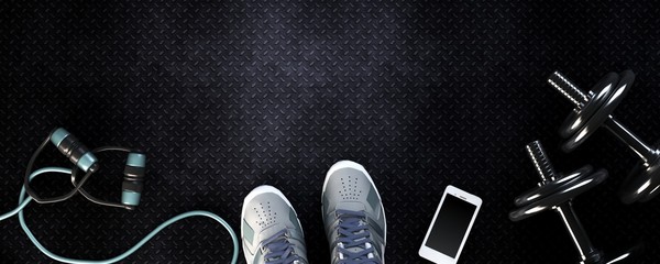Fitness background with dumbbells and smartphone. View from above - obrazy, fototapety, plakaty