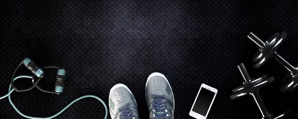 Deurstickers Fitness achtergrond met halters en smartphone. Uitzicht van boven © Karneg