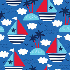 seamless sea and sailing ships pattern vector illustration