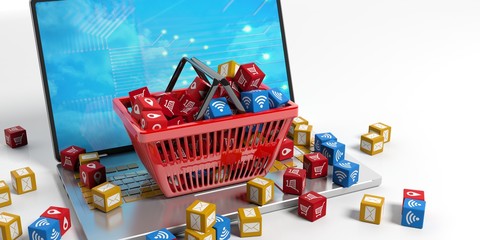 Applications symbols in a shopping basket. 3d illustration