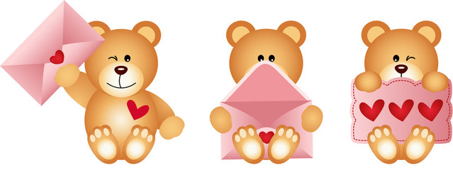 Teddy bears with envelope and heart postcard
