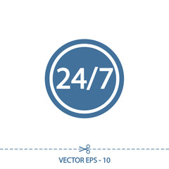 24 hours a day and 7 days a week icon, vector illustration. Flat design style 