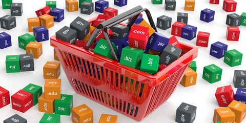 Domain names cubes in a shopping basket. 3d illustration